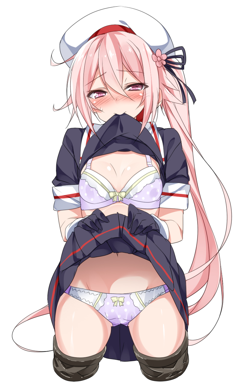 beret black_gloves blush bow bow_bra bow_panties bra breasts cleavage commentary_request gloves hair_ornament hair_ribbon harusame_(kantai_collection) hat highres kantai_collection long_hair looking_at_viewer mouth_hold mtu_(orewamuzituda) navel panties pink_eyes pink_hair pleated_skirt polka_dot polka_dot_bra polka_dot_panties purple_bra purple_panties ribbon school_uniform serafuku shirt_lift side_ponytail skirt skirt_lift small_breasts solo thighhighs underwear