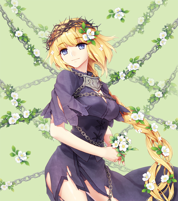 blonde_hair blue_eyes braid breasts capelet chain cleavage crown_of_thorns dress fate/apocrypha fate_(series) flower hair_flower hair_ornament head_wreath jeanne_d'arc_(fate) jeanne_d'arc_(fate)_(all) large_breasts long_hair purple_dress single_braid smile solo torn_clothes yeruen
