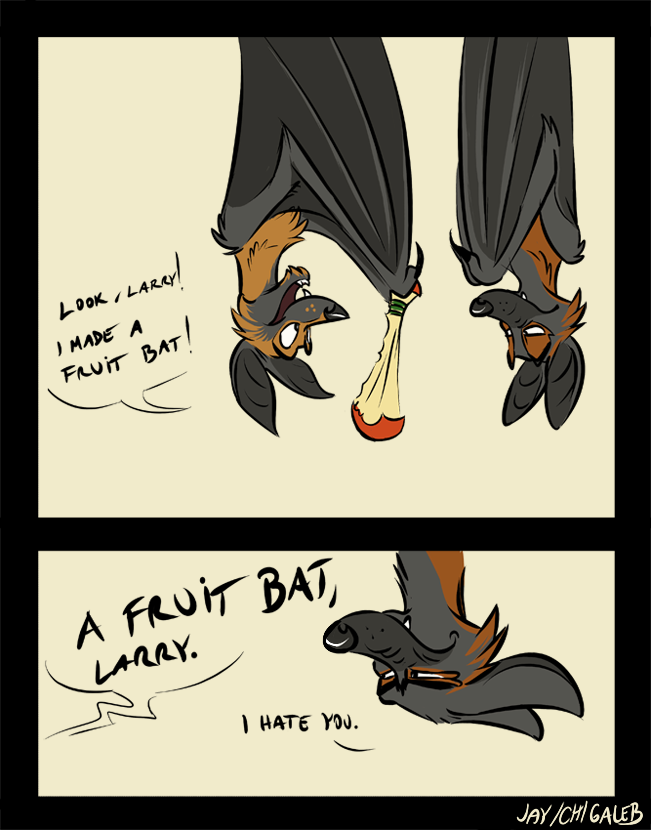 apple bat brown_fur comic disgusted food fruit fruit_bat fur galeb grey_fur humor mammal multicolored_fur open_mouth pun text two_tone_fur upside_down weapon wings