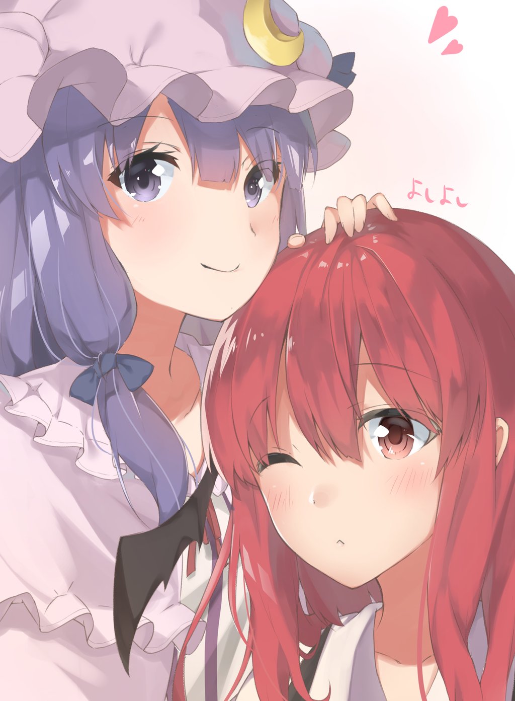 2girls bat_wings blush capelet crescent dress emushake face gradient gradient_background hair_ribbon hat head_wings heart highres koakuma long_hair looking_at_viewer mob_cap multiple_girls one_eye_closed patchouli_knowledge portrait purple_eyes purple_hair red_eyes red_hair ribbon smile striped striped_dress text touhou tress_ribbon wings