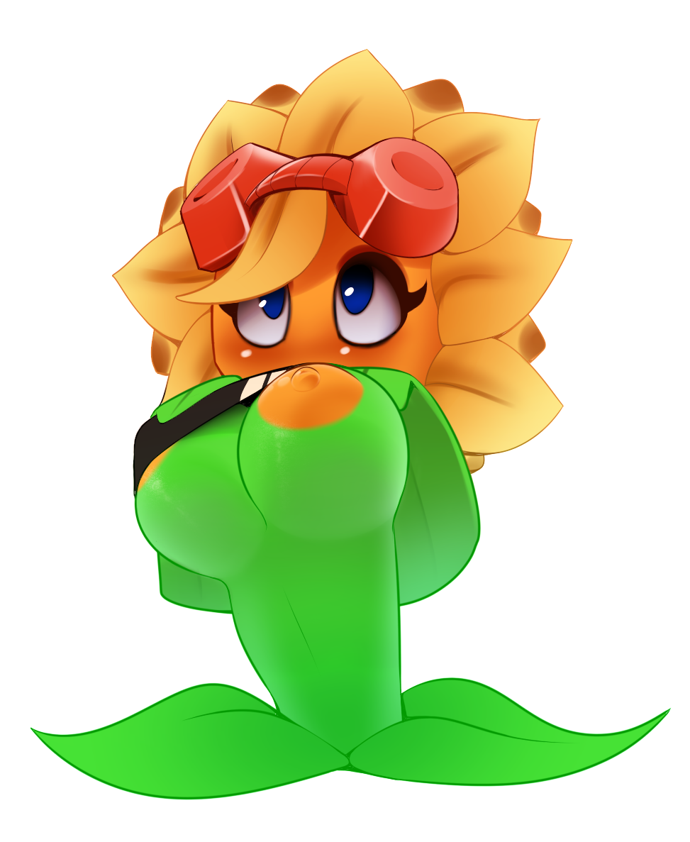 big_breasts blue_eyes blush breasts eyelashes eyewear female flora_fauna flower goggles nipples not_furry plant plantpenetrator plants_vs_zombies solar_flare_(plants_vs_zombies) solo sunflower