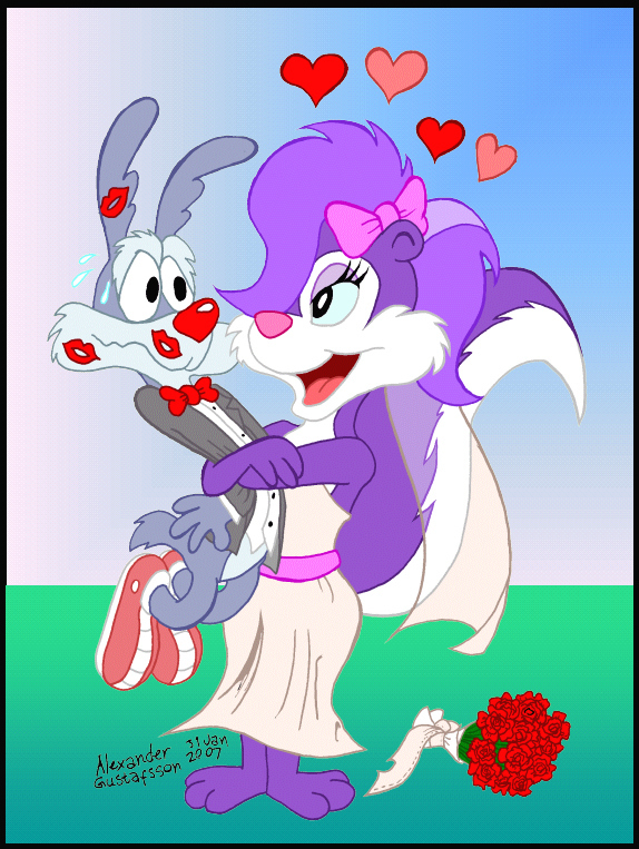 calamity_coyote canine clothing coyote dress female fifi_la_fume fifilafumeclub flower male mammal plant rose skunk suit tiny_toon_adventures warner_brothers wedding