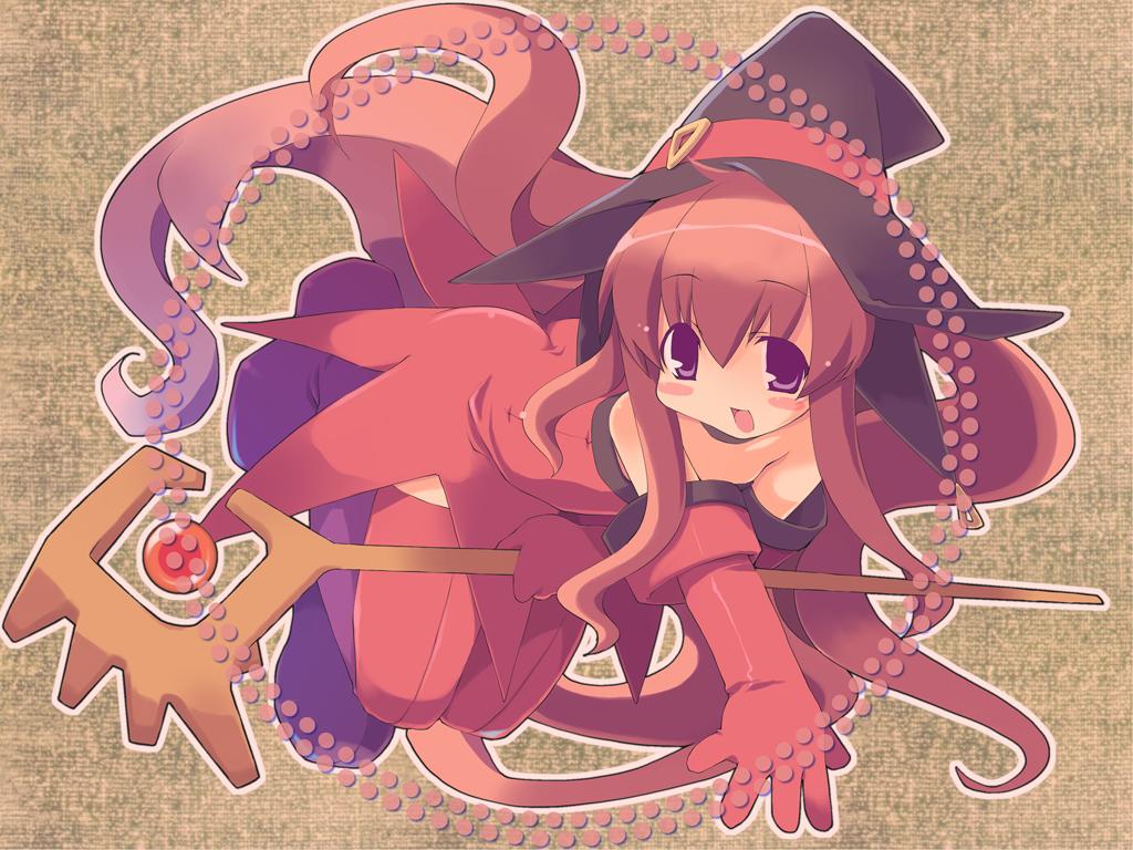 bent_over blush boots cierra_(riviera) elbow_gloves gloves hat long_hair purple_eyes red_hair red_legwear riviera solo staff thigh_boots thighhighs very_long_hair wallpaper witch witch_hat zankuro