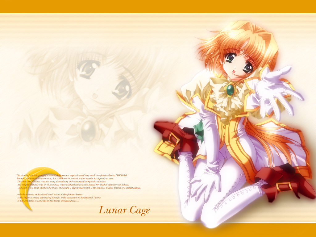 :d blue_eyes brooch carnelian dress emerald foreshortening full_body gem jewelry kneeling looking_at_viewer lunar_cage miruka open_mouth orange_hair outstretched_arms pantyhose short_hair smile solo wallpaper white_legwear yellow_dress zoom_layer