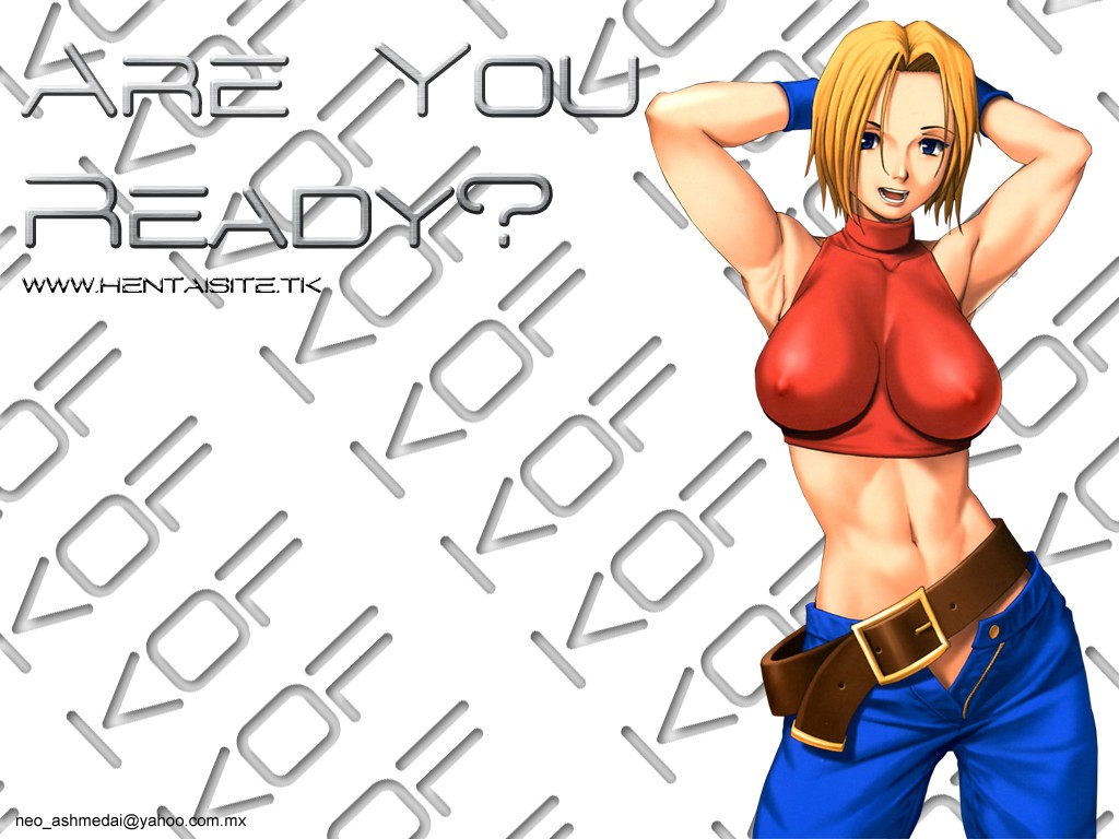 :d abs armpits arms_behind_head arms_up bare_shoulders belt beltskirt blonde_hair blue_eyes blue_gloves blue_mary blue_pants breasts breasts_apart brown_belt contrapposto covered_collarbone covered_nipples cowboy_shot crop_top email_address english fatal_fury gloves groin halterneck happy hips impossible_clothes impossible_shirt large_breasts legs_apart looking_at_viewer midriff no_bra no_panties open_fly open_mouth pants red_shirt saigadou shirt short_hair skin_tight smile snk solo standing the_king_of_fighters toned turtleneck unbuttoned unzipped wallpaper watermark web_address white_background zipper