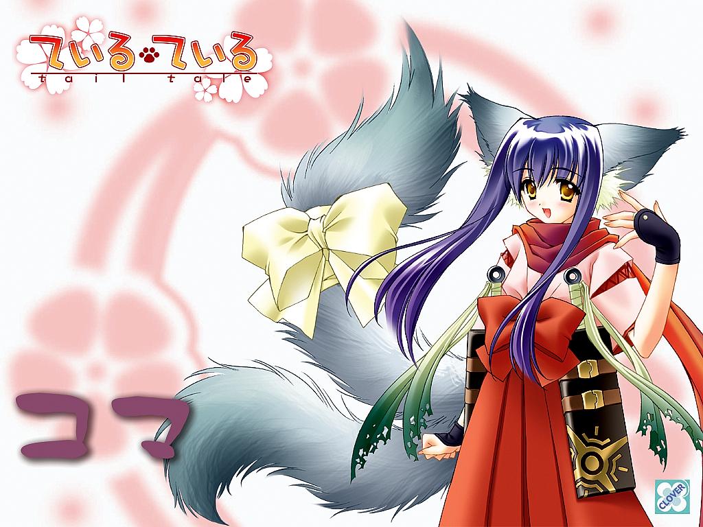 animal_ears blue_hair blush bow fox_ears fox_tail japanese_clothes koma_(tail_tale) long_hair louis&amp;visee multiple_tails solo tail tail_tale wallpaper yellow_eyes