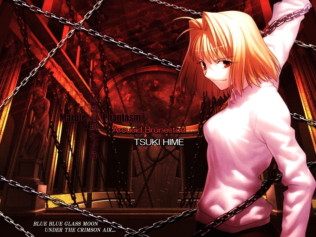 arcueid_brunestud arm_up blonde_hair chain long_skirt long_sleeves looking_at_viewer melty_blood red_eyes restrained short_hair skirt smile solo sweater takeuchi_takashi tsukihime turtleneck wallpaper