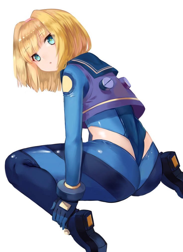 :o aqua_eyes ass back bangs blonde_hair blunt_bangs bodysuit boots bracer crop_top eyebrows eyebrows_visible_through_hair from_behind full_body gloves hairband heavy_object looking_back milinda_brantini ryuuno6 sailor_collar short_hair simple_background sitting solo wariza white_background