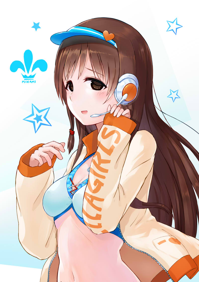 bikini_top blush breasts brown_eyes brown_hair character_name cleavage hair_tie headset idolmaster idolmaster_cinderella_girls jacket long_hair medium_breasts midriff navel nitta_minami open_mouth shirona002 solo star unzipped upper_body visor_cap