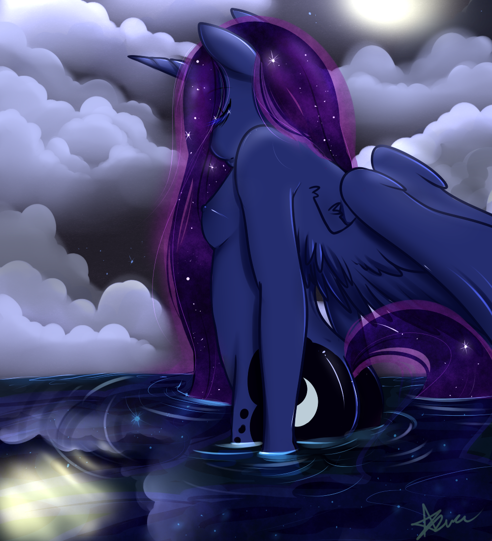 2013 anthro anthrofied azugarlic blue_feathers breasts butt cloud cutie_mark equine eyes_closed feathered_wings feathers female friendship_is_magic fur hair horn long_hair mammal moon my_little_pony night nipples nude outside princess_luna_(mlp) side_boob sky solo star water winged_unicorn wings