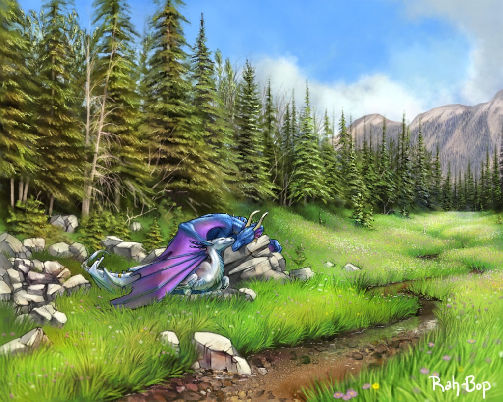 byzil detailed_background dragon duo feral grass mountain rock scaile tree