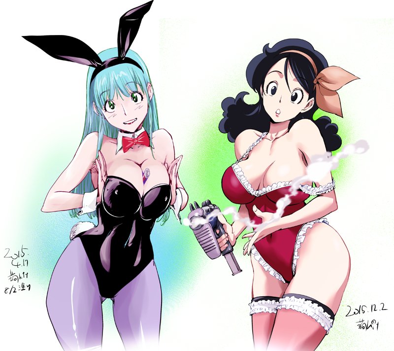 2girls between_breasts breasts bulma bunny_suit dragon_ball konkitto large_breasts long_hair lunch_(dragon_ball) multiple_girls pantyhose thighhighs