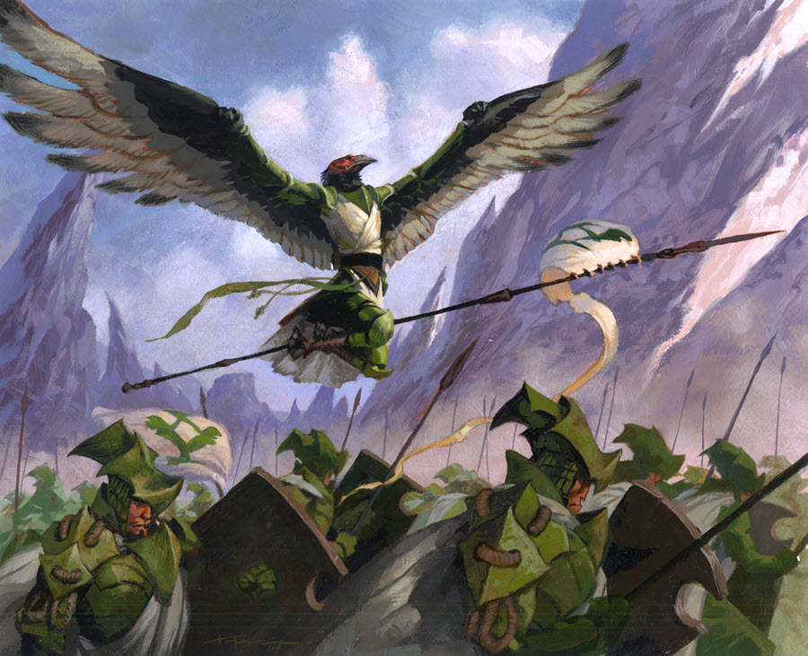 abzan armor army atmospheric_perspective aven avian christopher_moeller cloud flag flying group human magic_the_gathering mammal melee_weapon mountain official_art polearm prehensile_feet side_view signature soldier spear spread_wings traditional_media_(artwork) weapon white_and_green_theme winged_arms wings