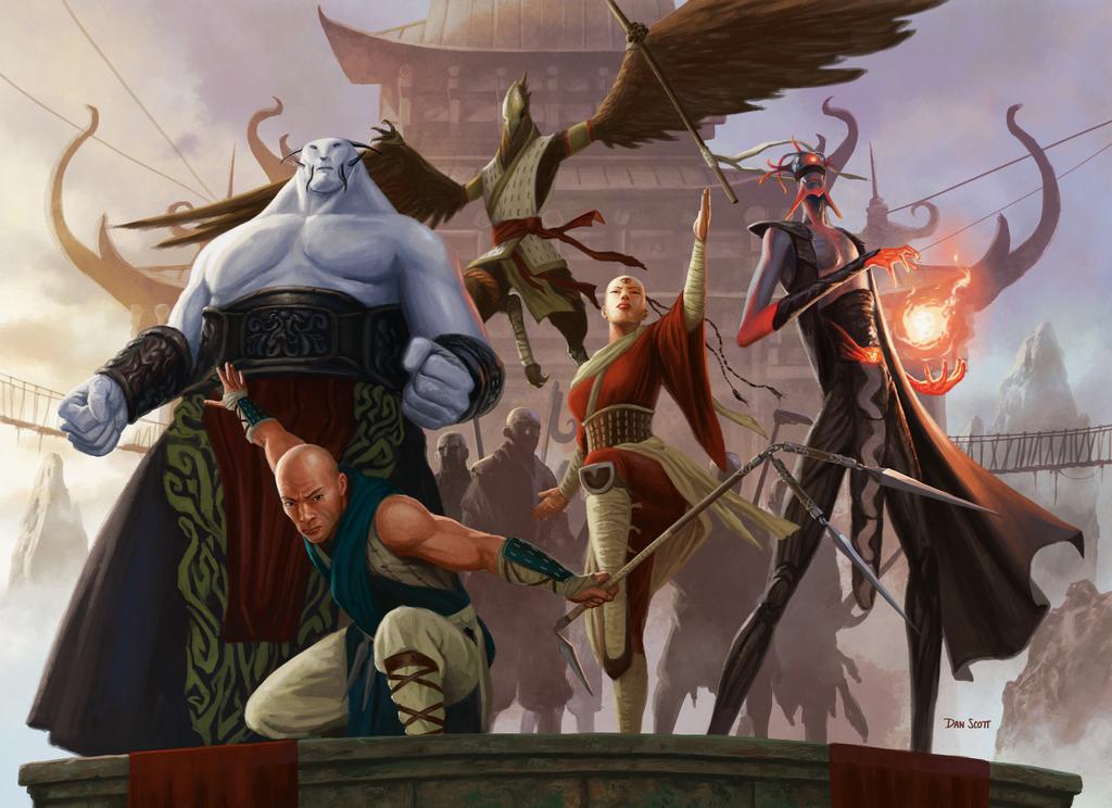 aven avian bird crouching dan_scott djinn efreet female fighting_stance fire flying front_view group human low-angle_view magic magic_the_gathering male mammal monastery monk official_art weapon