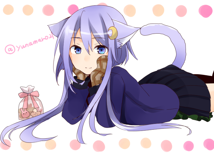 1girl animal_ears black_skirt blue_eyes blush brown_gloves cat_ears cat_tail crescent crescent_hair_ornament gloves hair_ornament kantai_collection long_hair long_sleeves looking_at_viewer lying mittens on_stomach pleated_skirt purple_hair skirt smile tail twitter_username yayoi_(kantai_collection) yuna_(yukiyuna)