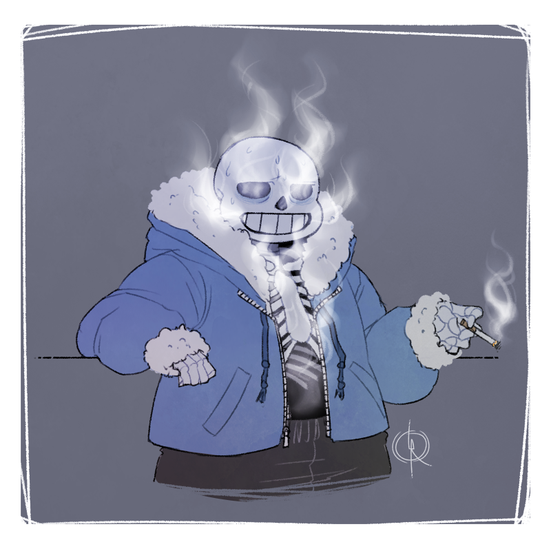 animated_skeleton bone cigarette clothed clothing hoodie male sans-slut sans_(undertale) skeleton skull smile smoke smoking sweat undead undertale video_games