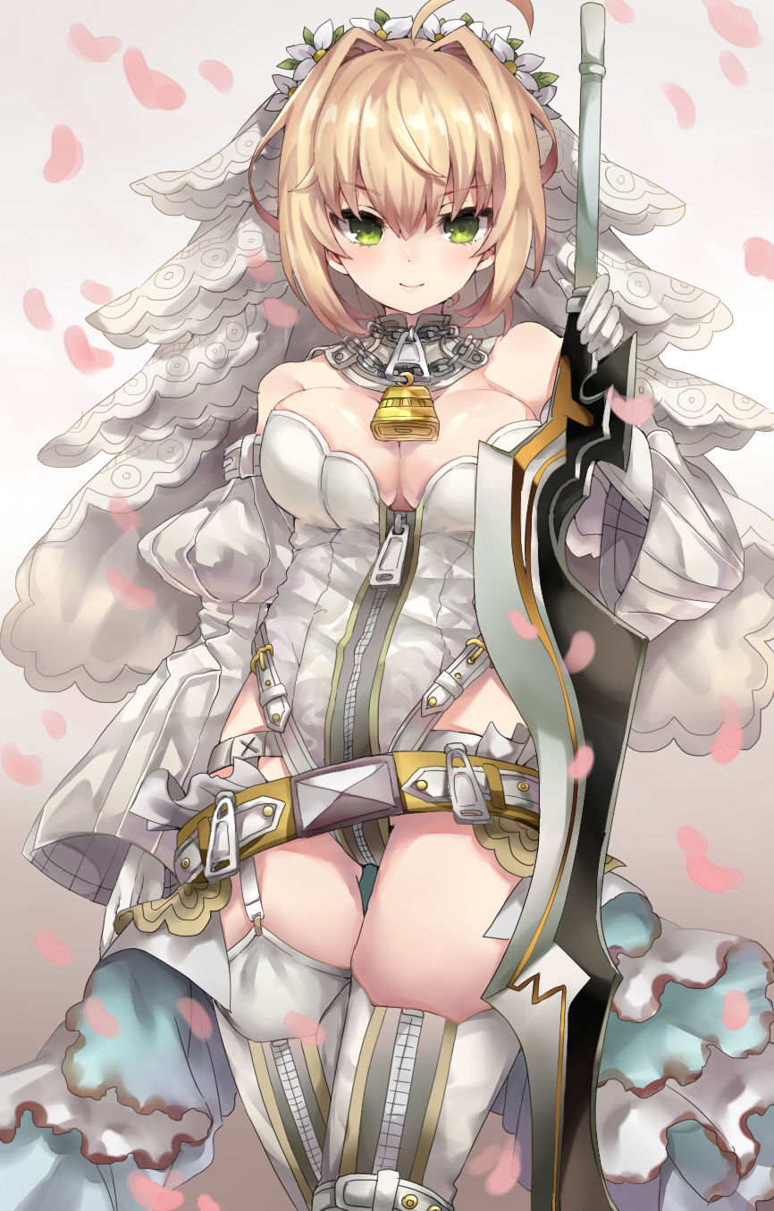 1girl ass_visible_through_thighs bare_shoulders belt blonde_hair breasts chain chains detached_collar detached_sleeves fate/grand_order fate_(series) garter_belt garter_straps gluteal_fold green_eyes highres lock padlock padlocked_collar petals puffy_sleeves saber_bride saber_extra shiodome_oji smile solo sword thighhighs veil weapon