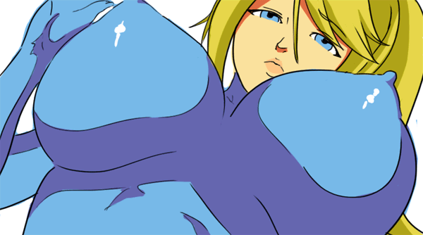 animated animated_gif bangs blonde_hair blue_bodysuit blue_eyes bodysuit bouncing_breasts breasts covered_nipples dutch_angle eyebrows_visible_through_hair from_below gloves hair_between_eyes hand_up high_ponytail impossible_bodysuit impossible_clothes large_breasts lips long_hair looking_at_viewer metroid mole mole_under_mouth nightowl open_mouth ponytail puffy_nipples samus_aran sidelocks simple_background skin_tight swept_bangs turtleneck upper_body white_background zero_suit