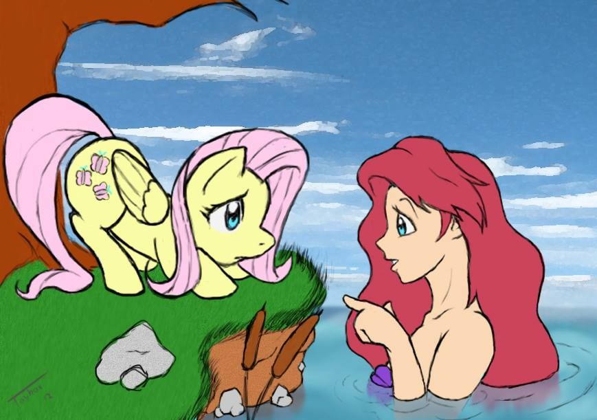 ariel blue_eyes crossover cutie_mark disney duo equine feathered_wings feathers female feral fluttershy_(mlp) friendship_is_magic hair horse human long_hair mammal marine merfolk my_little_pony outside pegasus pink_hair pony red_hair sea seashell seaside shy sky the_little_mermaid toybox_(artist) tree water wings