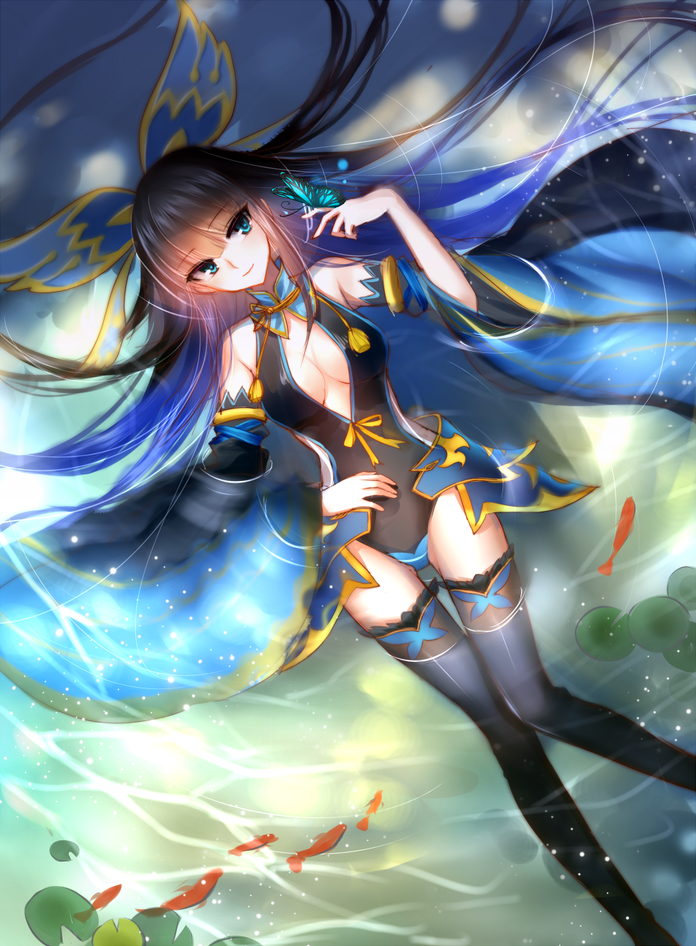1girl black_hair black_legwear blue_eyes breasts butterfly cleavage detached_sleeves fish highres leotard lily_pad long_hair lying meaomao nie_xiaoqian on_back partially_submerged sangai_senki sitting thighhighs very_long_hair