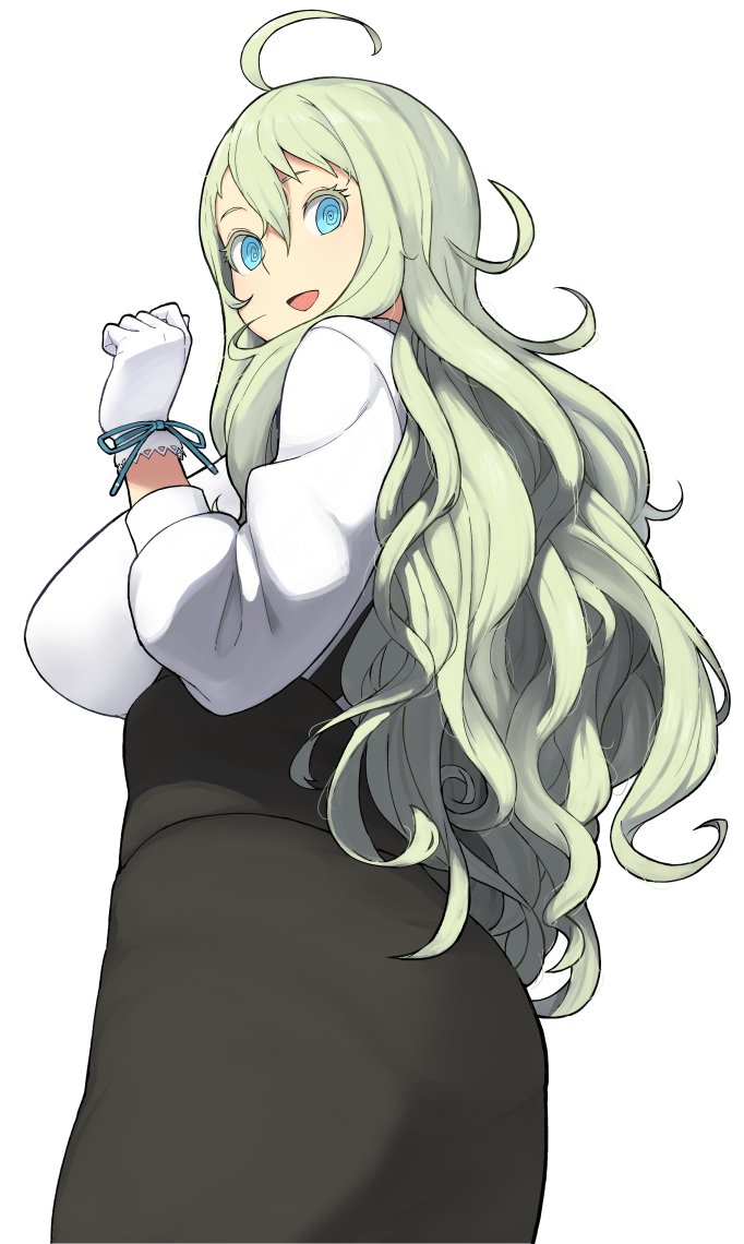 1girl @_@ accho_(macchonburike) ahoge blue_eyes breasts character_request gloves green_hair huge_breasts long_hair open_mouth original pantylines simple_background solo white_background white_gloves