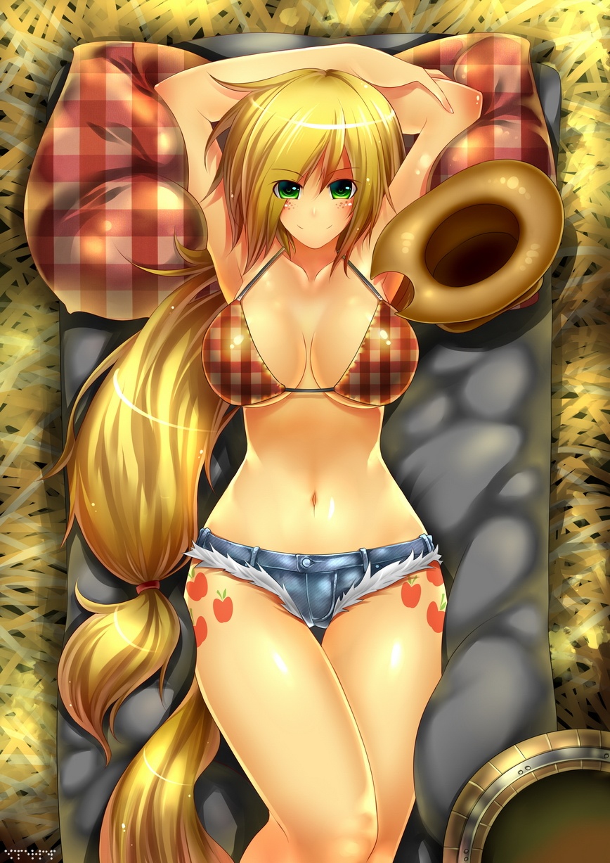 2012 alternate_species apple applejack_(mlp) bikini bikini_top blonde_hair breasts clothed clothing cutie_mark detailed_background digital_media_(artwork) emperpep eyebrows female food freckles friendship_is_magic fruit green_eyes hair hat human humanized looking_at_viewer lying mammal my_little_pony not_furry pillow shorts skimpy solo swimsuit white_sclera
