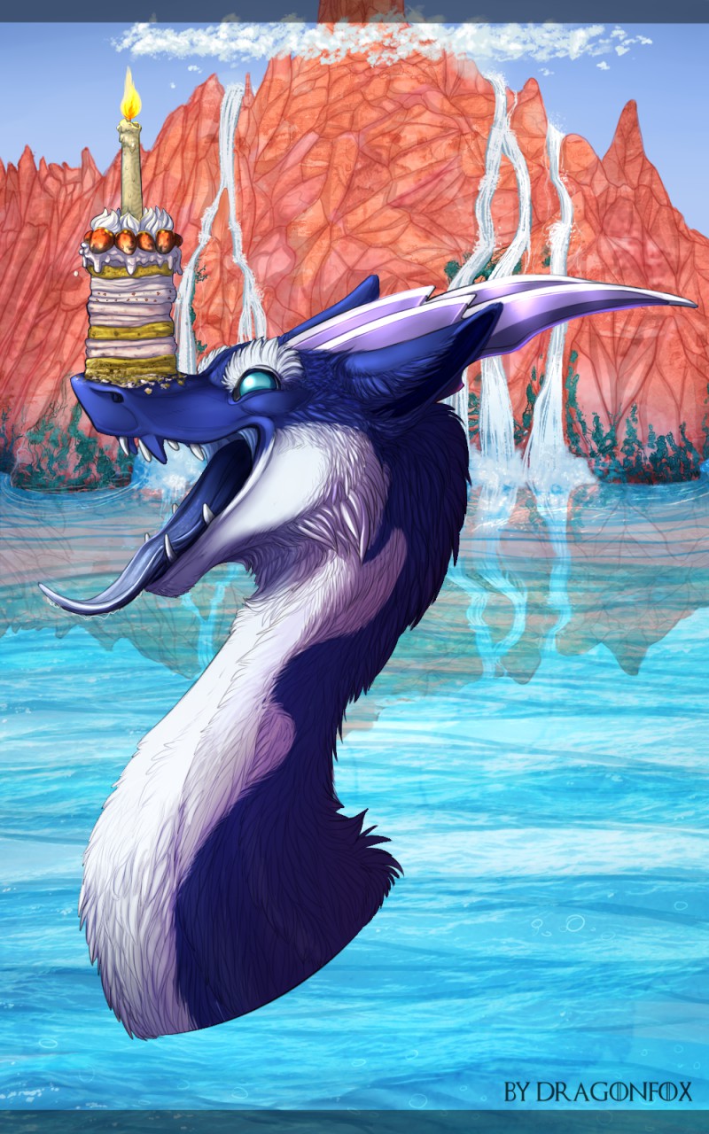 birthday blue_fur bust_portrait cake candle dragon dragonfox feral fluffy food fur furred_dragon lothar male multicolored_fur open_mouth portrait solo tongue tongue_out white_fur