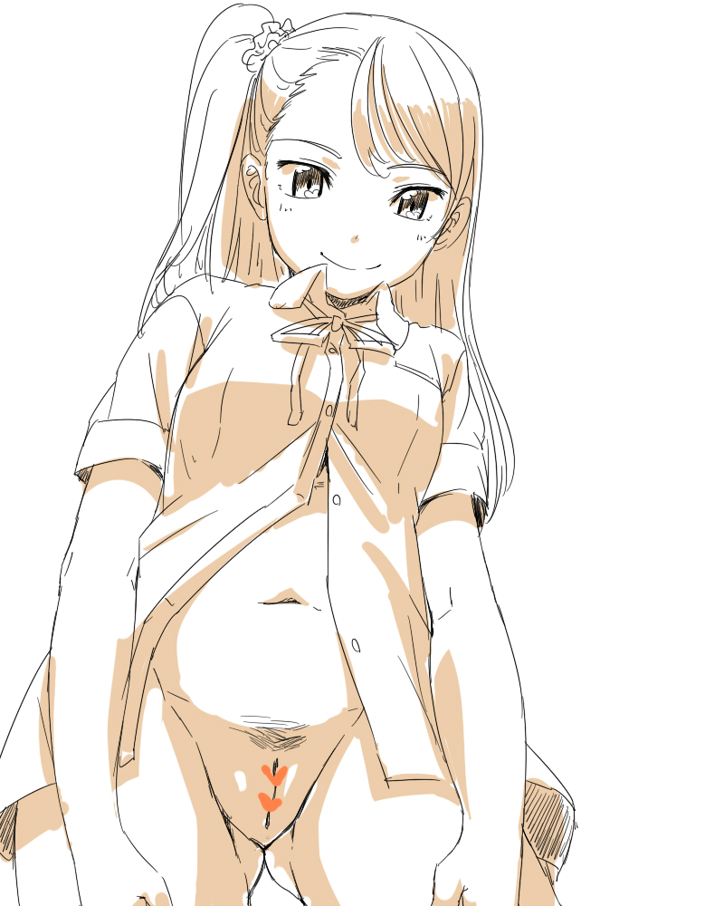 1girl bottomless censored female gluteal_fold heart heart_censor monochrome navel neck_ribbon open_clothes open_shirt pubic_hair pussy satsuyo side_ponytail simple_background smile solo