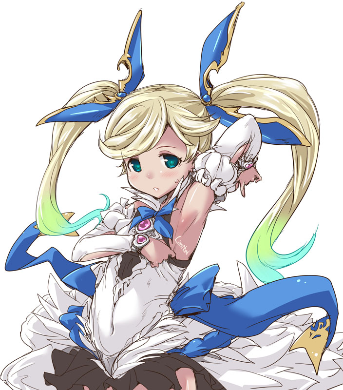 1girl aqua_eyes arm_up armpits blonde_hair covered_navel detached_sleeves dress gradient_hair granblue_fantasy hair_ornament hirowa_nagi io_euclase long_hair looking_at_viewer multicolored_hair showing_armpits solo twintails