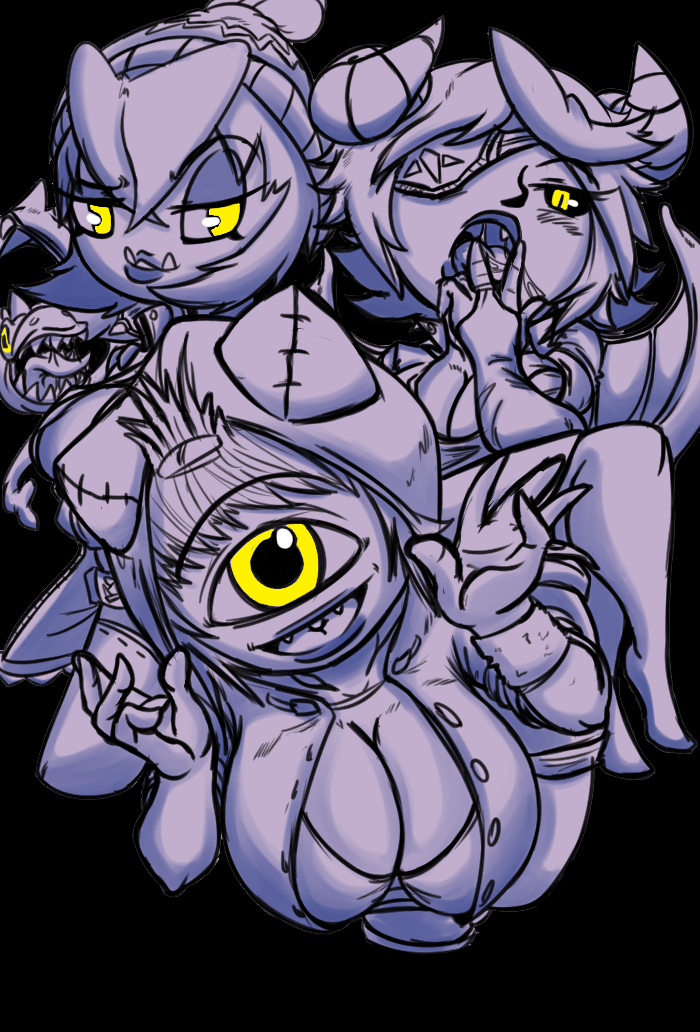 1_eye anthro big_breasts breasts clothed clothing cyclops demon digital_media_(artwork) duo female group hair horn huge_breasts humanoid jyto looking_at_viewer mammal monster not_furry open_mouth simple_background smile tongue tongue_out yeti