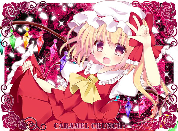 1girl :d arm_up ascot blush border bow cowboy_shot crystal demon_wings english eyebrows eyebrows_visible_through_hair fang flandre_scarlet flower frilled_sleeves frills hat hat_bow mob_cap open_mouth pleated_skirt puffy_sleeves rainbow red_bow red_eyes red_skirt red_vest rika-tan_(rikatantan) rose skirt skirt_hold smile solo tareme text touhou vampire vest w w_over_eye white_border white_hat wings wrist_cuffs