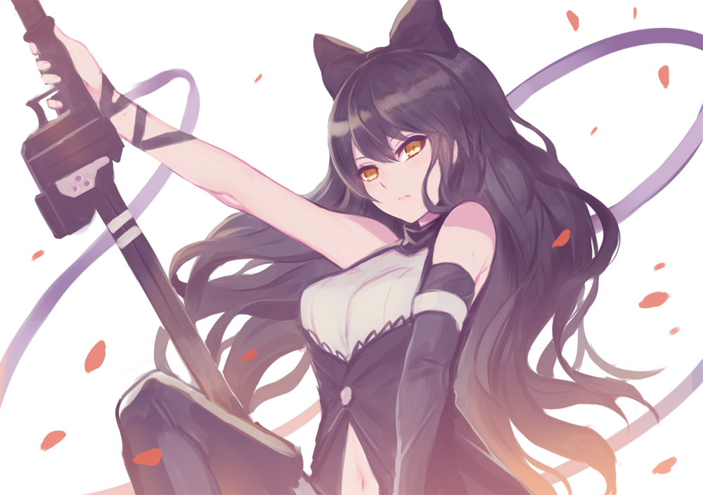 1girl 2d arm_ribbon bare_shoulders black_hair black_legwear black_ribbon blake_belladonna bow detached_sleeve hair_bow katana long_hair looking_at_viewer midriff navel pantyhose petals ribbon rose_petals rwby shirt sleeveless sleeveless_shirt solo sword upper_body weapon yellow_eyes