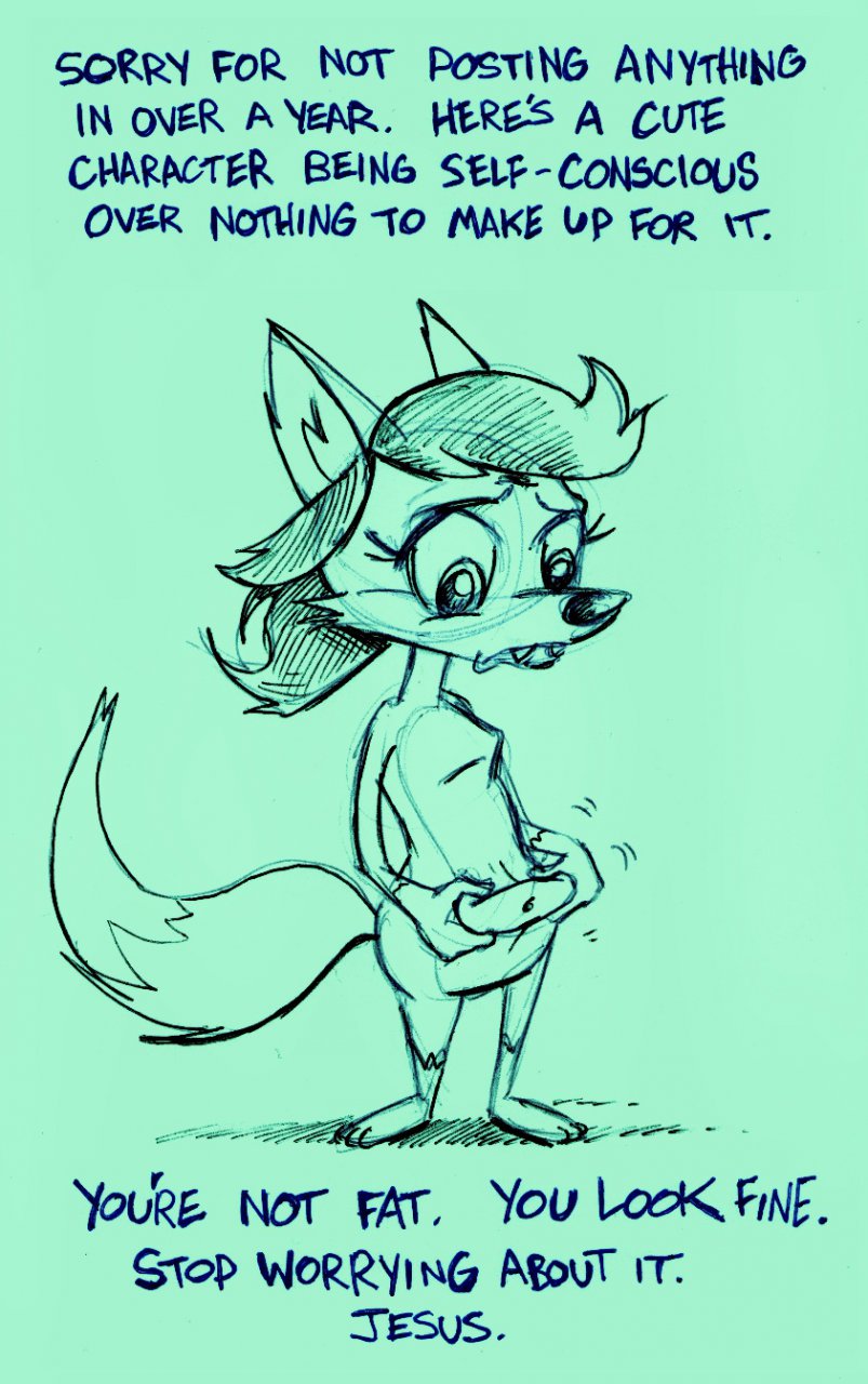 2012 anthro black_eyes black_nose breasts canine eyebrows eyelashes fangs female fox fur green_background hair looking_down mammal matt_rat navel sad simple_background sketch slightly_chubby solo text traditional_media_(artwork) white_sclera