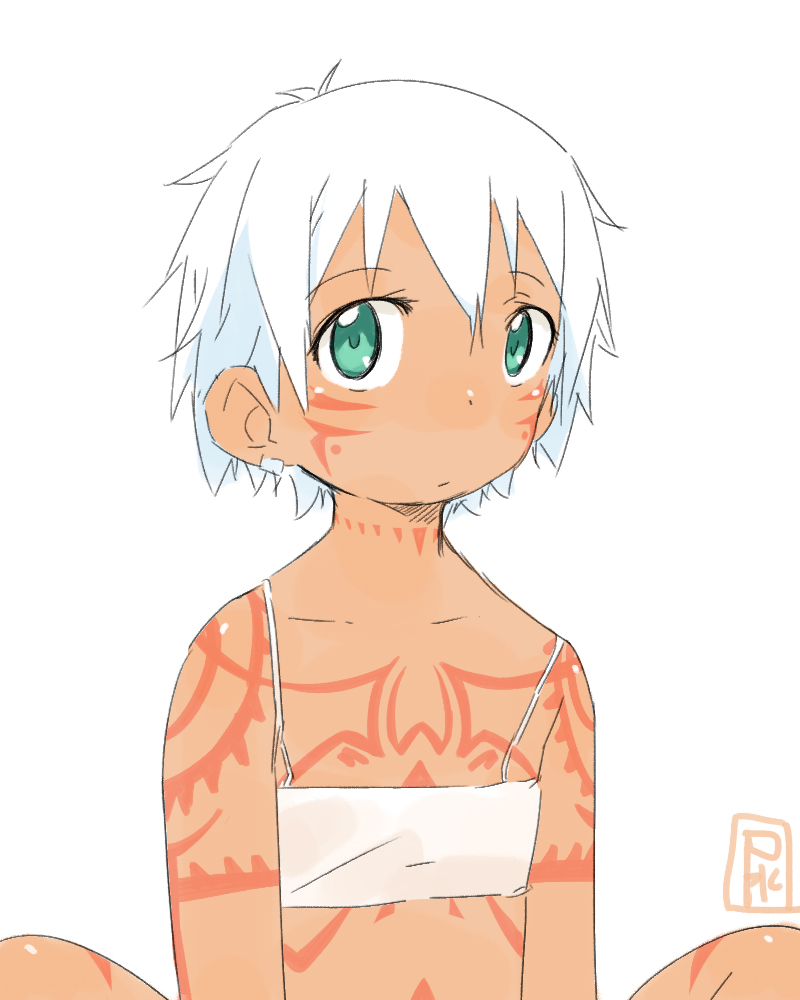 aqua_eyes borrowed_character dark_skin earrings facial_tattoo female flat_chest irezumi-san_(ozka) satsuyo short_hair side_glance simple_background solo tattoo white_background white_hair