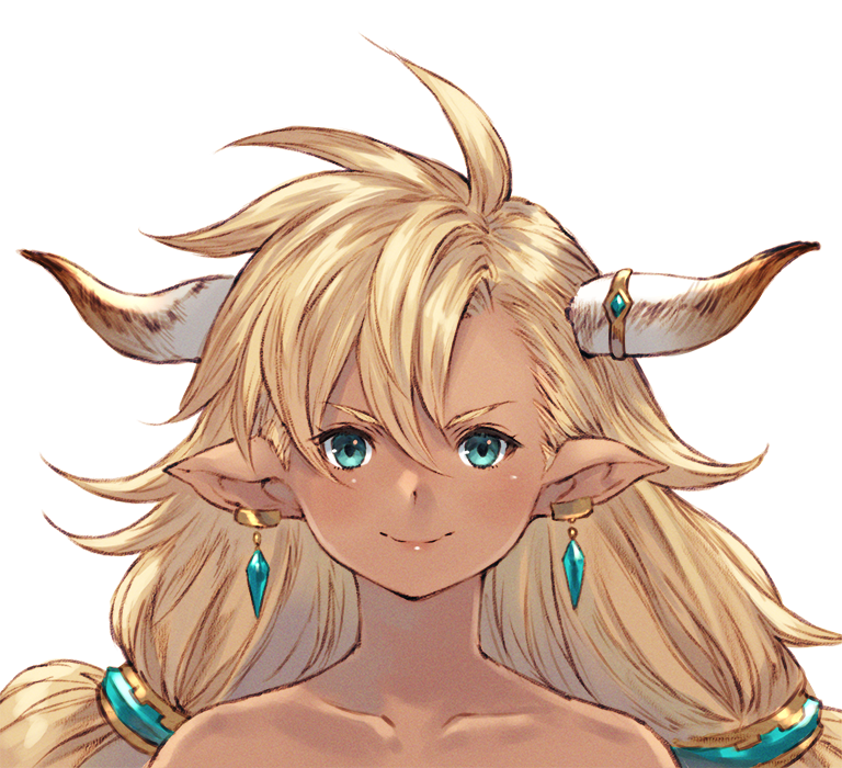 1girl almeida_(granblue_fantasy) asymmetrical_bangs bangs bare_shoulders blonde_hair closed_mouth collarbone commentary dark_skin draph earrings granblue_fantasy hair_ornament horns jewelry lips long_hair looking_at_viewer makimura_shunsuke pointy_ears simple_background smile solo upper_body white_background
