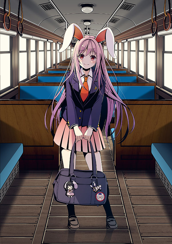 animal_ears bag banned_artist blush bunny_ears crescent crescent_moon_pin ground_vehicle inaba_tewi looking_at_viewer md5_mismatch necktie pleated_skirt reisen_udongein_inaba skirt smile solo touhou train_interior yagokoro yuuka_nonoko