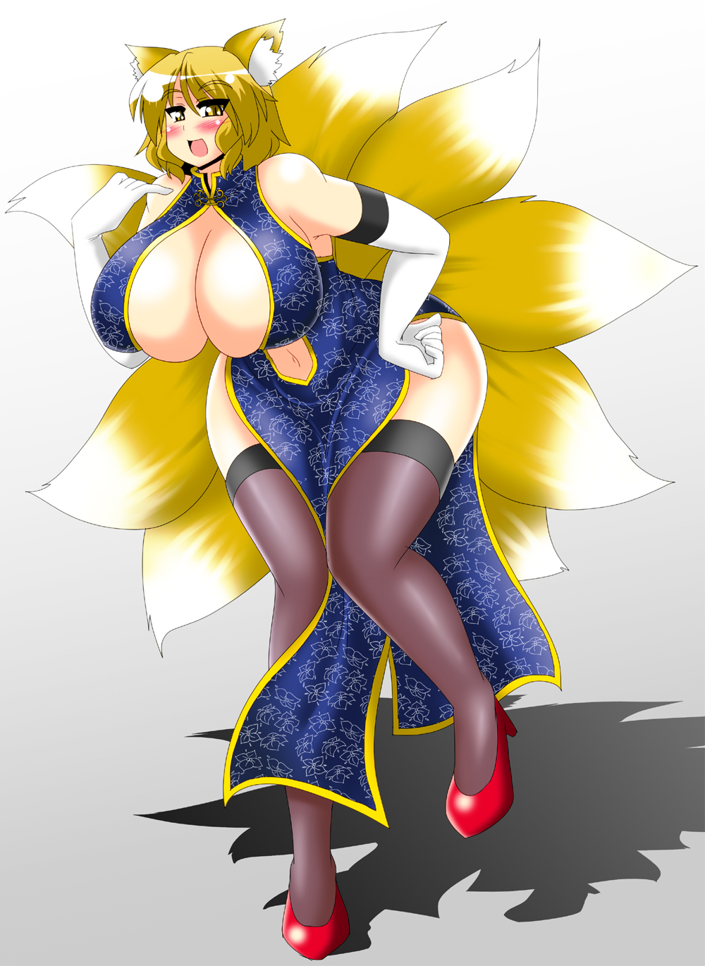 akasode_(tyaramu) animal_ears blonde_hair blush breasts center_opening china_dress chinese_clothes cleavage commentary_request dress elbow_gloves fox_ears fox_tail gigantic_breasts gloves high_heels highres kitsune kyuubi leaning_forward looking_at_viewer multiple_tails navel open_mouth pelvic_curtain short_hair smile solo tail touhou wide_hips yakumo_ran yellow_eyes