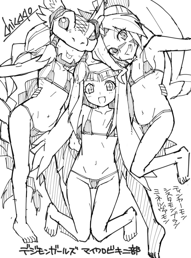 3girls :d :p artist_name bikini blush braid collarbone digimon facial_mark flat_chest greyscale grin habit helmet kneeling leg_up long_hair micro_bikini minervamon monochrome multiple_girls navel open_mouth ponytail shikapu sidelocks signature sistermon_blanc sketch smile swimsuit tinkermon tongue tongue_out translation_request twin_braids