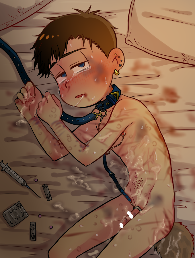 1boy aftersex bandage bed black_hair blood blue_eyes bruise bruises buttplug_tail collar cum cum_in_ass cum_on_body cumdrip dildo drooling drugs leash looking_at_viewer male_focus matsuno_karamatsu on_bed osomatsu-kun osomatsu-san piercing prince_albert saliva sex_toy sweat syringe tail tattoo tears yaoi yoshimichi