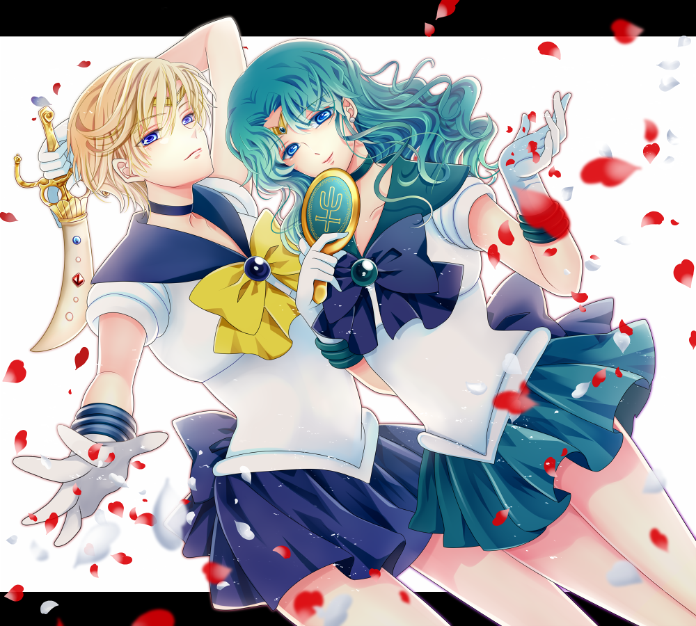 aqua_hair aqua_skirt bishoujo_senshi_sailor_moon blonde_hair blue_bow blue_choker blue_eyes blue_sailor_collar blue_skirt bow brooch choker cowboy_shot deep_aqua_mirror dutch_angle expressionless gloves jewelry kaiou_michiru kairi_(oro-n) letterboxed long_hair looking_at_viewer magical_girl multiple_girls neptune_symbol outer_senshi petals pleated_skirt sailor_collar sailor_neptune sailor_senshi sailor_senshi_uniform sailor_uranus short_hair skirt smile space_sword sword ten'ou_haruka tiara very_short_hair wavy_hair weapon white_background white_gloves yellow_bow