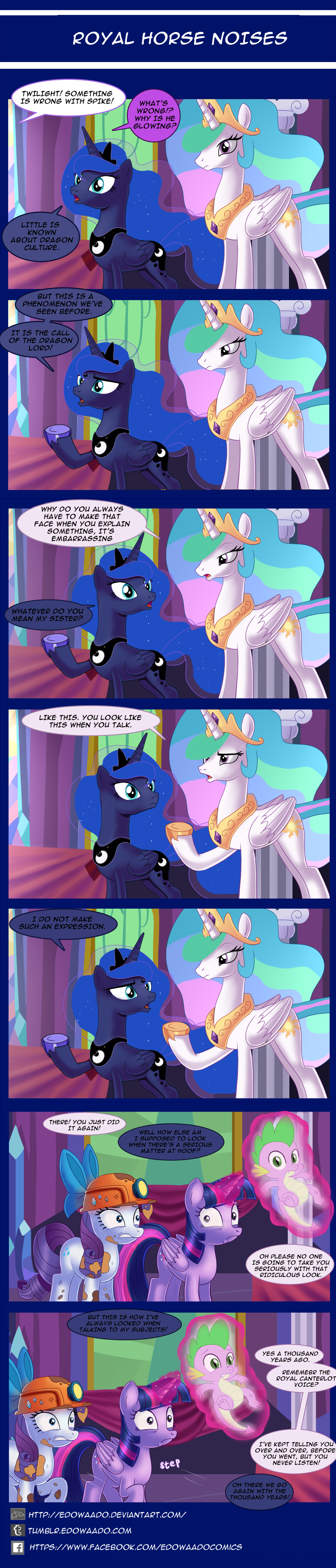 2016 absurd_res apple armor comic crown crystal cutie_mark dialogue dirty dragon edowaado english_text equine feathered_wings feathers female feral food friendship_is_magic frown fruit fur group hair helmet hi_res horn jewelry male mammal mud multicolored_hair my_little_pony necklace ponyville princess_celestia_(mlp) princess_luna_(mlp) rarity_(mlp) spike_(mlp) stained_glass text twilight_sparkle_(mlp) unicorn winged_unicorn wings