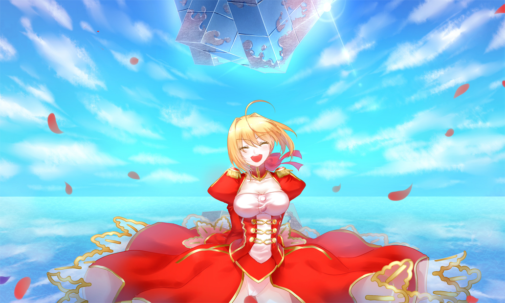 :d ahoge arms_behind_back blonde_hair breasts cleavage closed_eyes cloud day fate/extella fate/extra fate_(series) large_breasts lens_flare mitsuki_hana nero_claudius_(fate) nero_claudius_(fate)_(all) open_mouth panties petals reflection rose_petals salt_flats smile solo type-moon underwear water white_panties