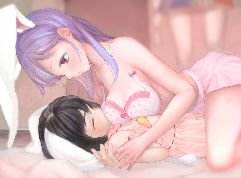 alternate_hairstyle animal_ears arm_support bad_id bad_pixiv_id bed_sheet black_hair bloomers bow bow_bra bra breasts bunny_ears bunny_tail carrot cleavage collarbone commentary_request extra_ears inaba_tewi large_breasts lingerie long_hair lying multiple_girls on_back on_bed panties pillow pink_bra polka_dot polka_dot_bra ponytail purple_hair red_eyes reisen_udongein_inaba smile tail touhou underwear underwear_only yagokoro_eirin yuri zyouga44