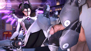 1girl 3d alternate_costume animated animated_gif ass dark_persona footjob hetero horns lowres mechanical_wings mercy_(overwatch) multiple_girls outdoors overwatch penis testicles uncensored weapon wings