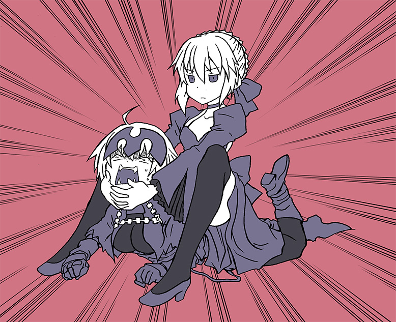 artoria_pendragon_(all) black_legwear breasts camel_clutch dress fate/grand_order fate/stay_night fate_(series) gauntlets helmet high_heels jeanne_d'arc_(alter)_(fate) jeanne_d'arc_(fate)_(all) lying medium_breasts multiple_girls on_stomach open_mouth parody saber_alter sitting sitting_on_person submission_hold sweatdrop teeth tententensan thighhighs wrestling