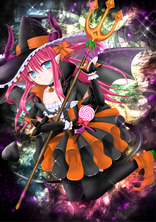 black_legwear blue_eyes breasts cleavage collar collarbone elizabeth_bathory_(fate) elizabeth_bathory_(fate)_(all) elizabeth_bathory_(halloween)_(fate) fate/grand_order fate_(series) hair_ribbon halloween_costume hat holding holding_weapon horns long_hair orange_ribbon pink_hair pointy_ears ribbon small_breasts smile solo thighhighs weapon witch_hat yuzushiro
