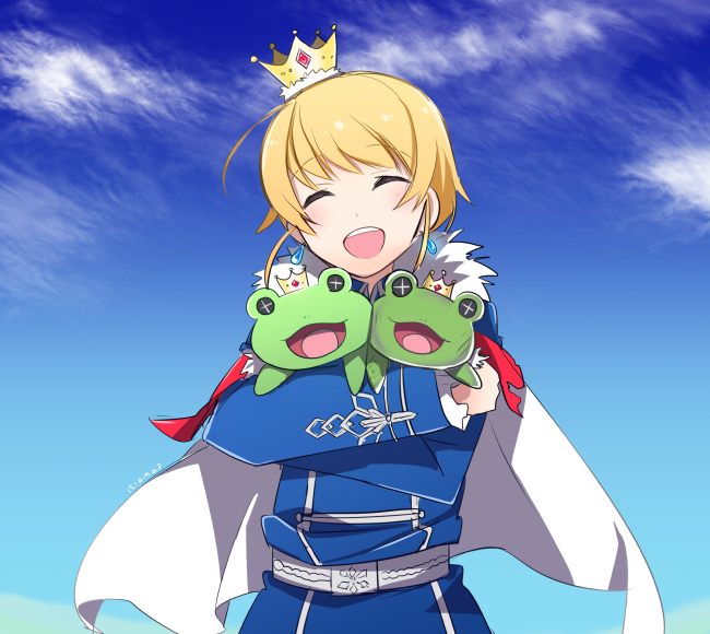 :d blonde_hair blue_sky cape character_doll closed_eyes cloud crown day earrings holding holding_stuffed_animal idolmaster idolmaster_side-m jewelry kaerre male_focus mudo_(saji) open_mouth outdoors pierre_(idolmaster) sky smile solo standing stuffed_animal stuffed_frog stuffed_toy white_cape