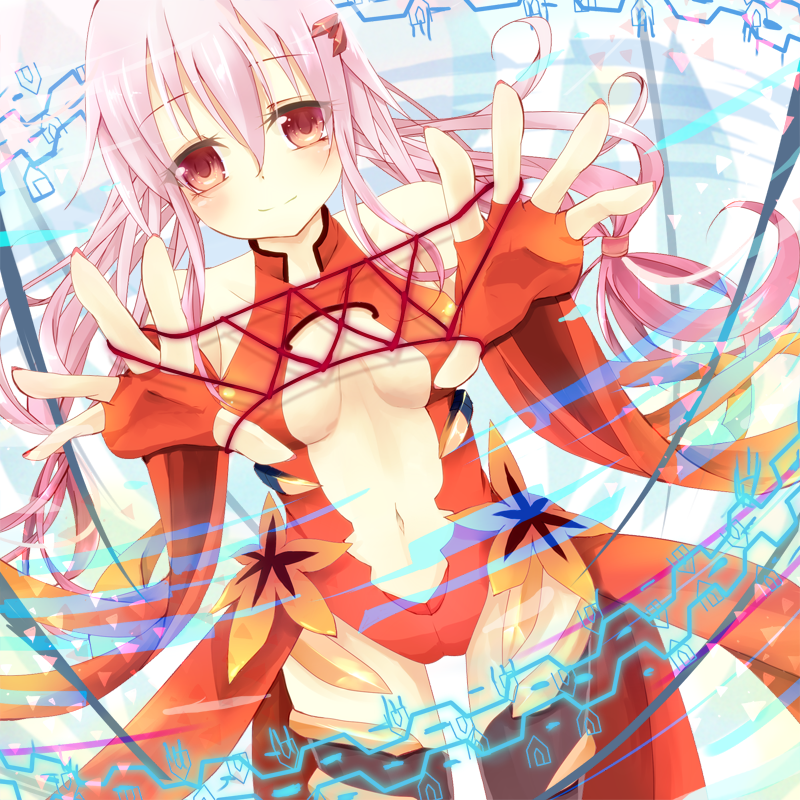 bare_shoulders black_legwear breasts cat's_cradle center_opening cleavage commentary_request detached_sleeves elbow_gloves fingerless_gloves gloves guilty_crown hair_ornament hairclip long_hair looking_at_viewer medium_breasts navel nichi_0 pink_hair red_eyes smile solo string twintails yuzuriha_inori