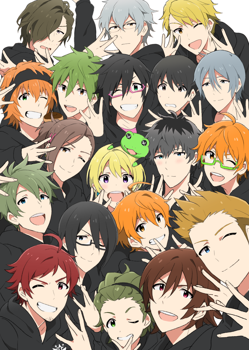 ;) ahoge akiyama_hayato amagase_touma anime_coloring aoi_kyousuke aoi_yuusuke beit black_hair blonde_hair brothers crossed_fingers dramatic_stars everyone facial_hair fuyumi_jun glasses goatee green_eyes green_hair grey_hair hairband high_x_joker highres idol idolmaster idolmaster_side-m ijuuin_hokuto iseya_shiki jupiter_(idolmaster) kaerre kashiwagi_tsubasa male_focus mitarai_shouta multicolored_hair multiple_boys official_style one_eye_closed pierre_(idolmaster) pink-framed_eyewear pink_eyes purple_eyes red_hair s.e.m sakaki_natsuki sakuraba_kaoru siblings silver_hair smile stuffed stuffed_animal stuffed_toy sweatband taa_(tasan) takajou_kyouji tendou_teru twins two-tone_hair w_(idolmaster) wakazato_haruna watanabe_minori