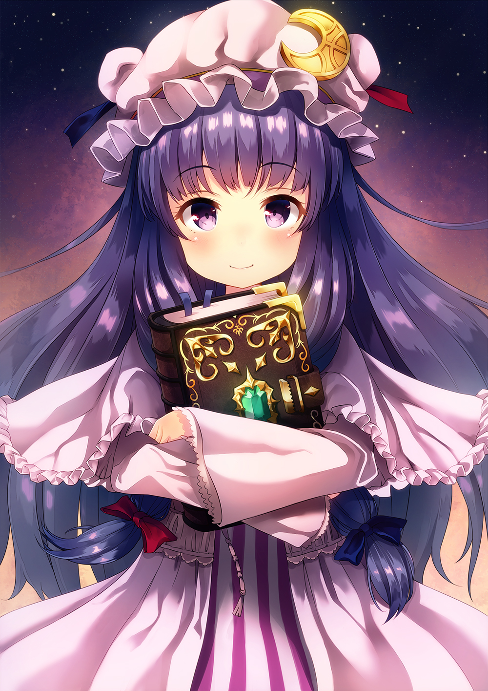 bangs blue_bow blue_ribbon blush book bow capelet crescent crescent_hair_ornament dress hair_bow hair_ornament hat hat_ribbon highres long_hair long_sleeves looking_at_viewer mob_cap patchouli_knowledge purple_eyes purple_hair red_bow red_ribbon ribbon sidelocks smile solo striped striped_dress sunsuke touhou vertical_stripes wide_sleeves